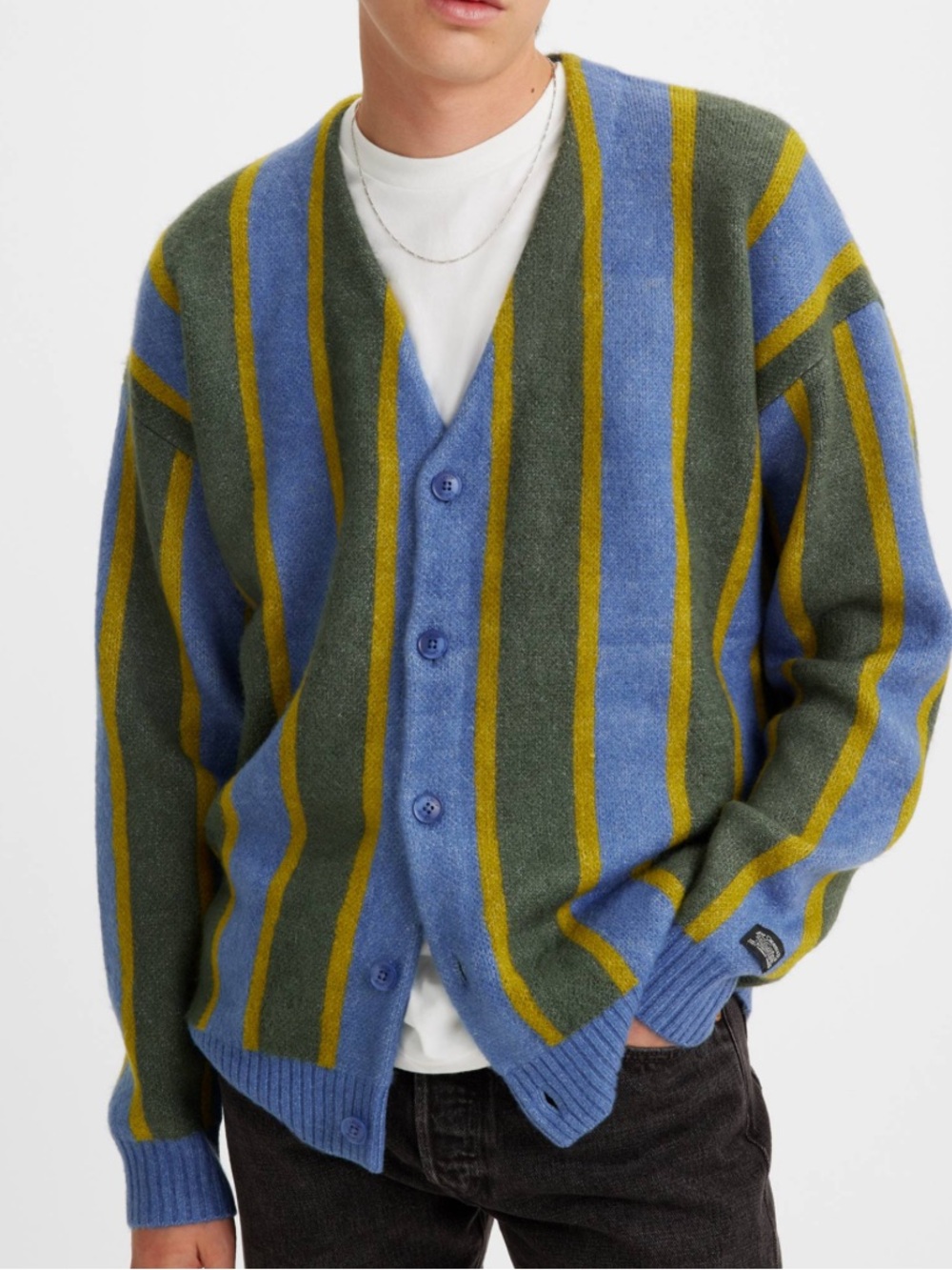 Levi's Striped V‑Neck Cardigan — Blue, Olive & Yellow
